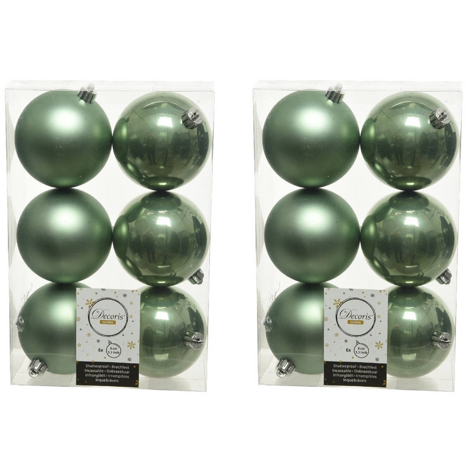 12x Kunststof Kerstballen Glanzend-mat Salie Groen 8 Cm Kerstboom Versiering-decoratie Kerstbal