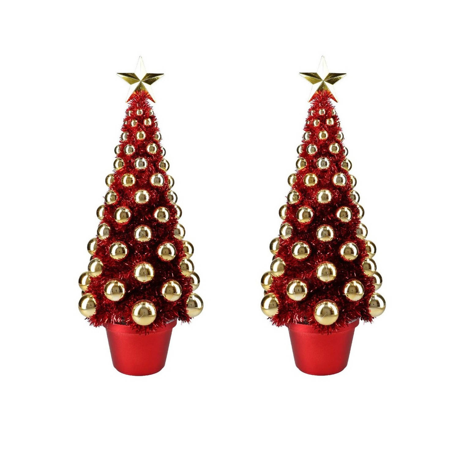 2x Stuks Complete Mini Kunst Kerstboompje-kunstboompje Rood-goud Met Kerstballen 50 Cm Kunstkerstboo