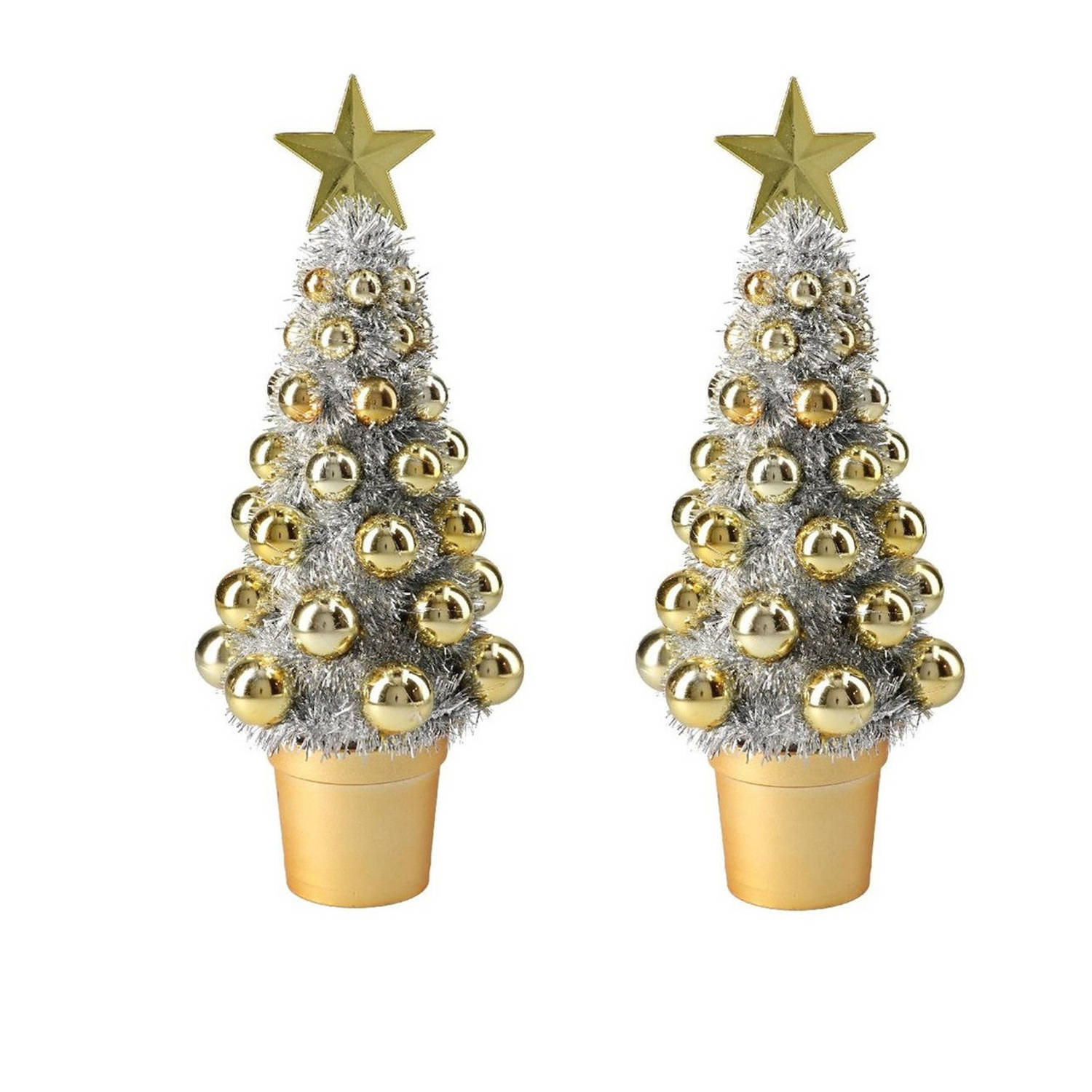 2x Stuks Complete Mini Kunst Kerstboompje-kunstboompje Zilver-goud Met Kerstballen 30 Cm Kunstkerstb
