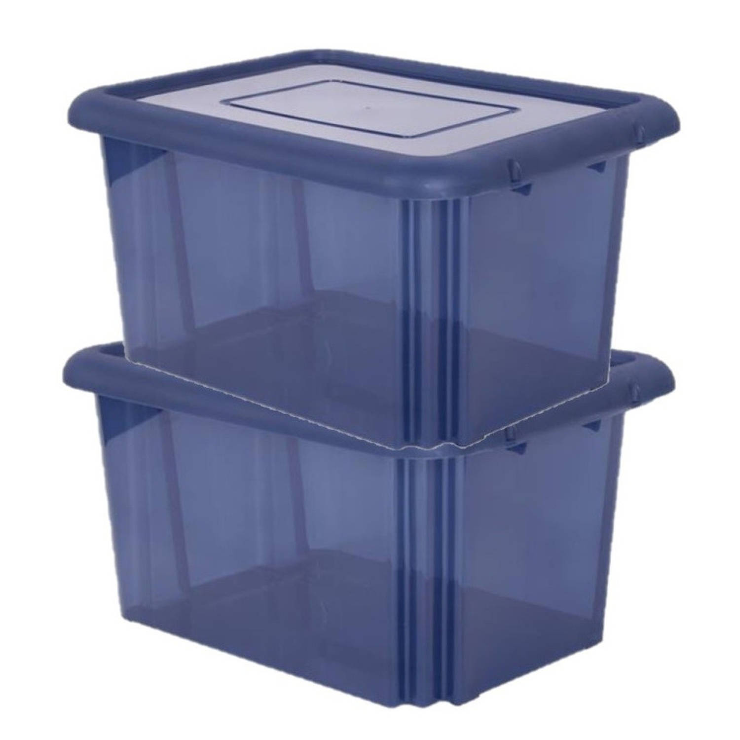 2x stuks kunststof opbergboxen/opbergdozen donkerblauw transparant L58 x B44 x H31 cm stapelbaar - Opbergbox