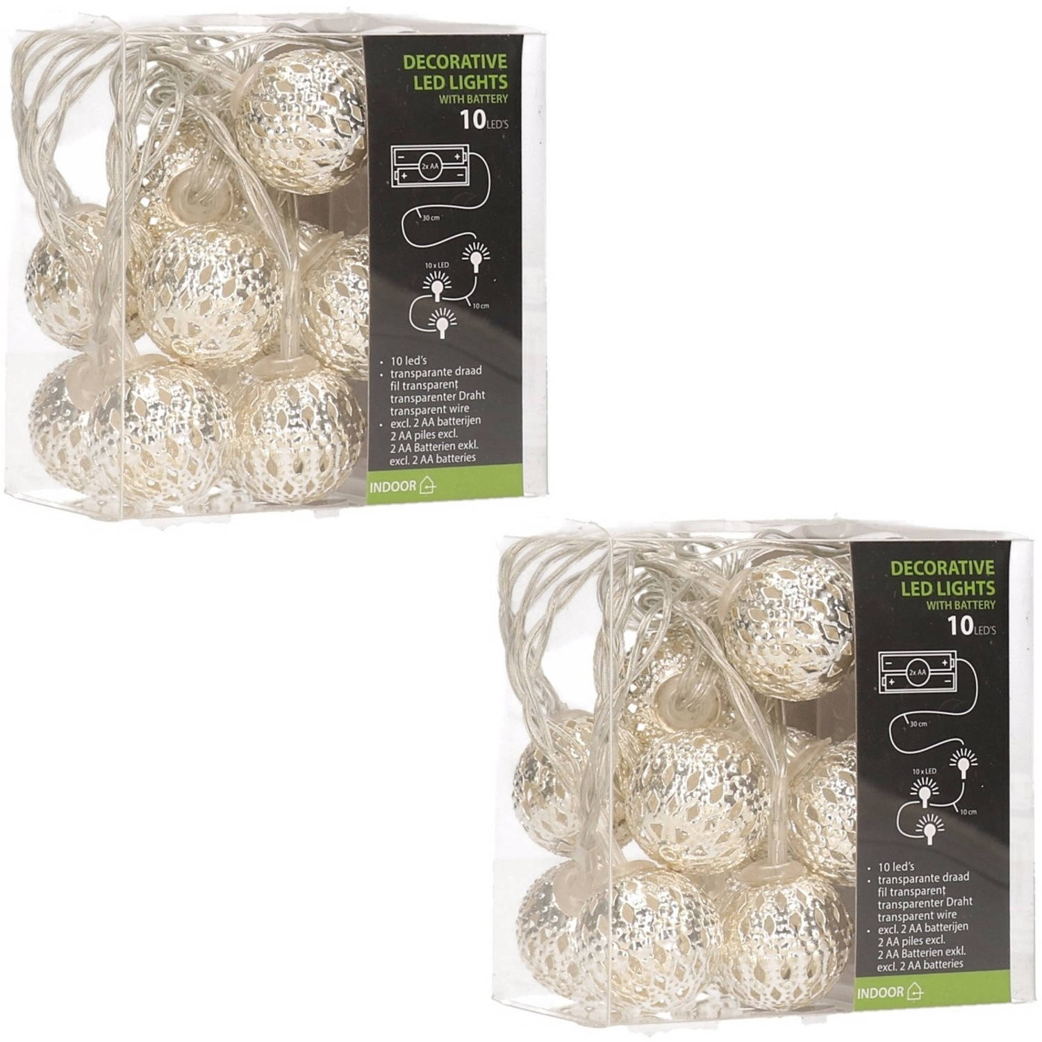 2x stuks zilveren kerstballen slingers met witte led verlichting - Lichtsnoeren