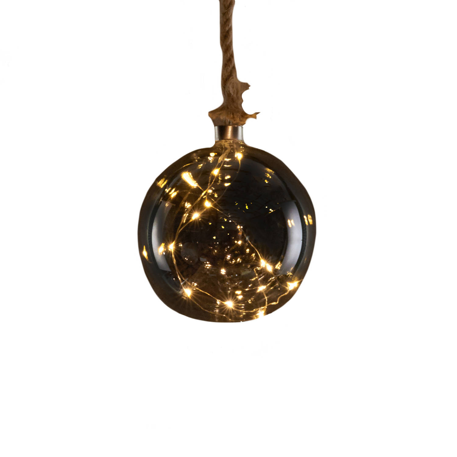 1x Stuks Verlichte Glazen Kerstballen Aan Touw Met 10 Lampjes Antraciet/warm Wit 15 Cm - Kerstverlichting Figuur