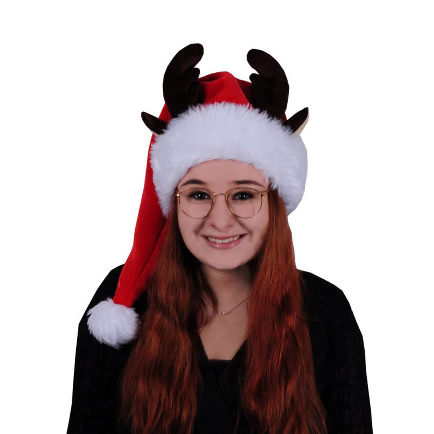 Pluche kerstmuts met rendieren hoorns en oren voor volwassenen rood/wit - Kerstaccessoires/kerst verkleedaccessoires