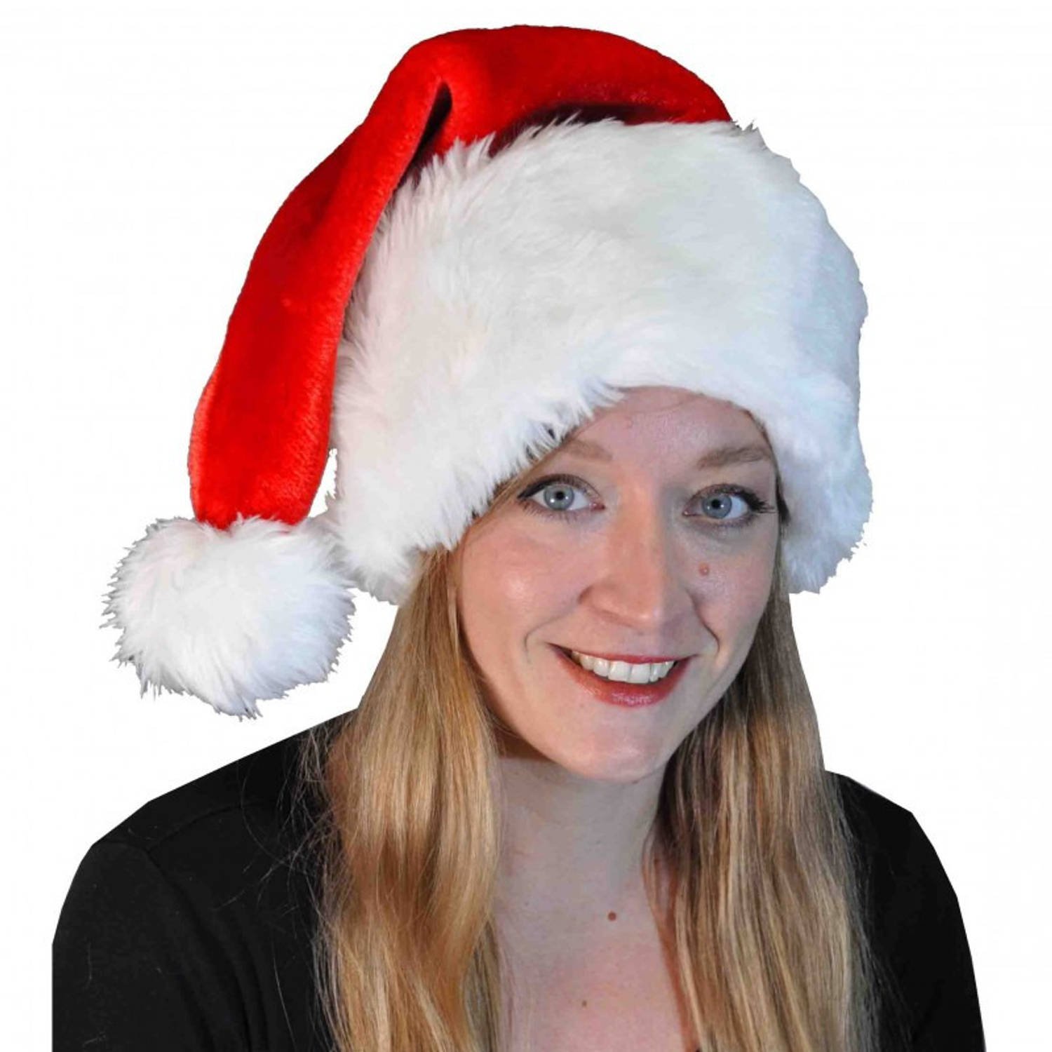 Luxe pluche kerstmuts rood/wit met brede rand voor volwassenen - Kerstaccessoires/kerst verkleedaccessoires