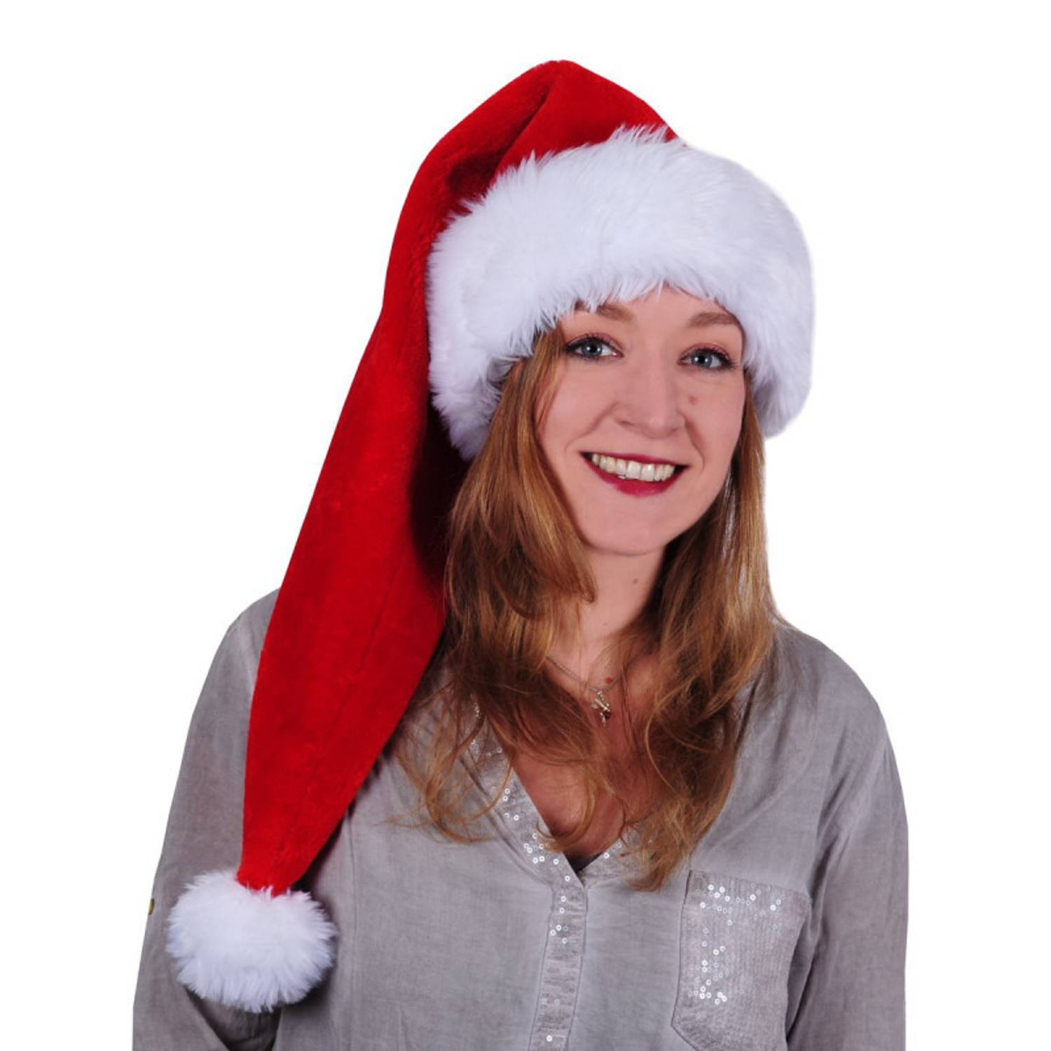 Luxe lange kerstmuts rood/wit van pluche voor volwassenen 78 cm - Kerstaccessoires/kerst verkleedaccessoires