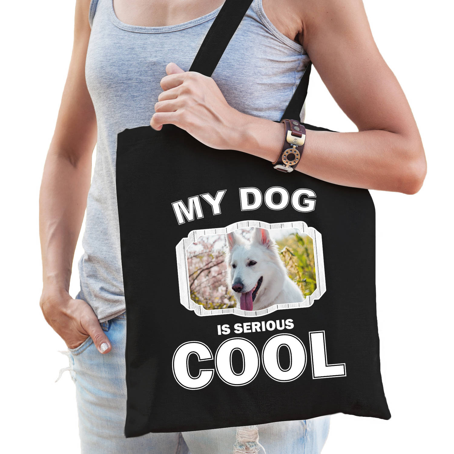 Katoenen Tasje My Dog Is Serious Cool Zwart Witte Herder Honden Cadeau Tas Feest Boodschappentassen