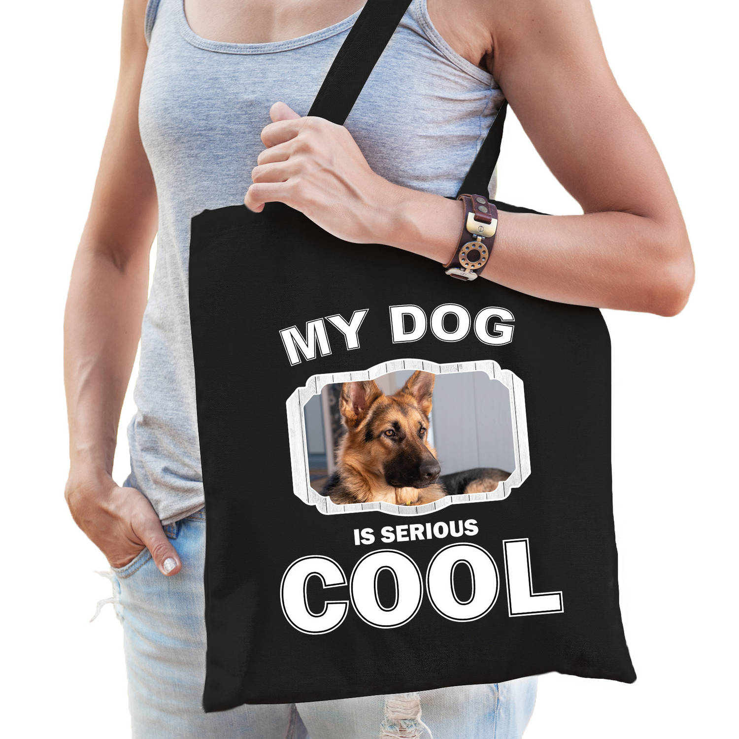 Katoenen Tasje My Dog Is Serious Cool Zwart Duitse Herder Honden Cadeau Tas Feest Boodschappentassen