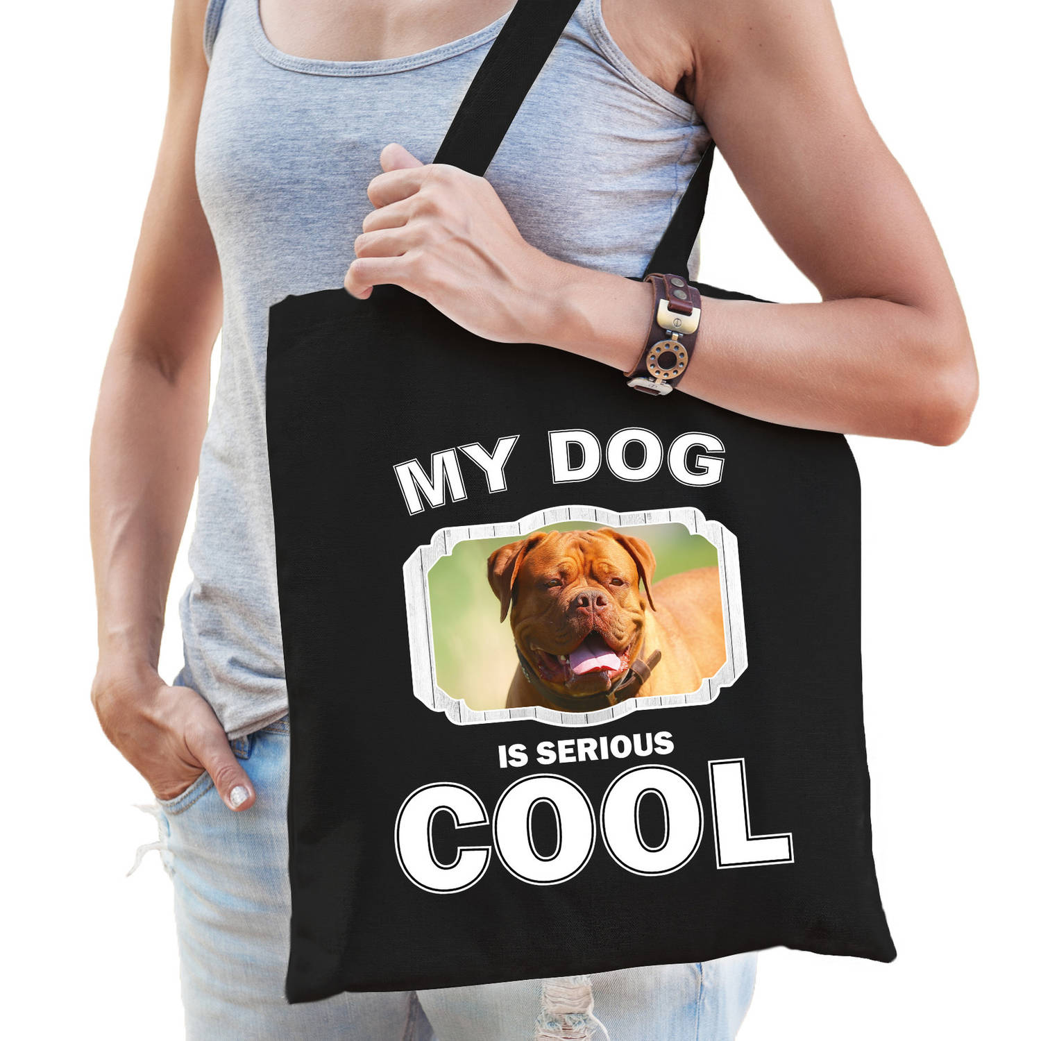 Dieren Franse mastiff tasje katoen volw + kind zwart - my dog is serious cool kado boodschappentas/ gymtas / sporttas - honden / hond