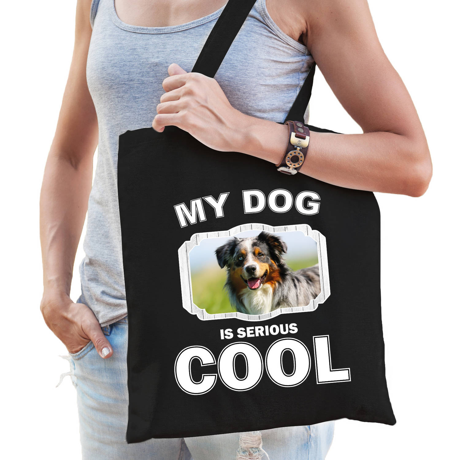 Katoenen Tasje My Dog Is Serious Cool Zwart Australische Herder Honden Cadeau Tas Feest Boodschappen