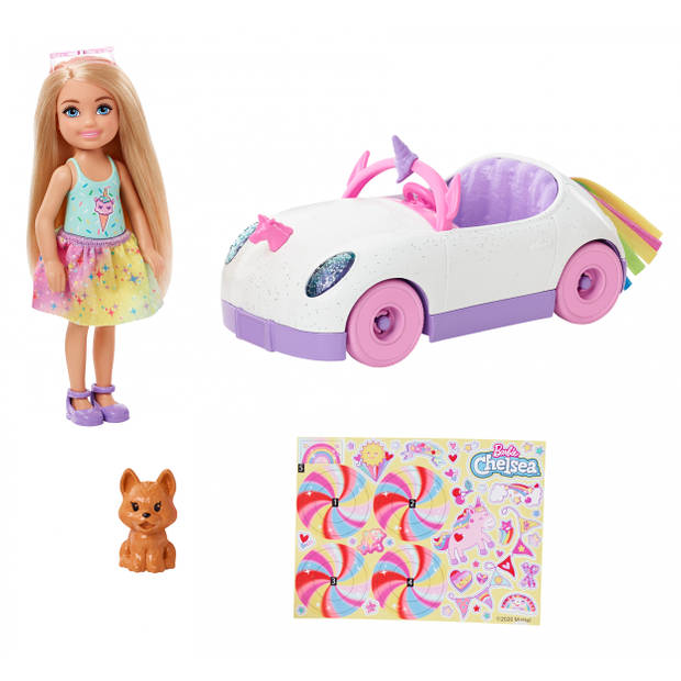 Barbie tienerpop Chelsea Auto meisjes 15,3 cm wit 4-delig