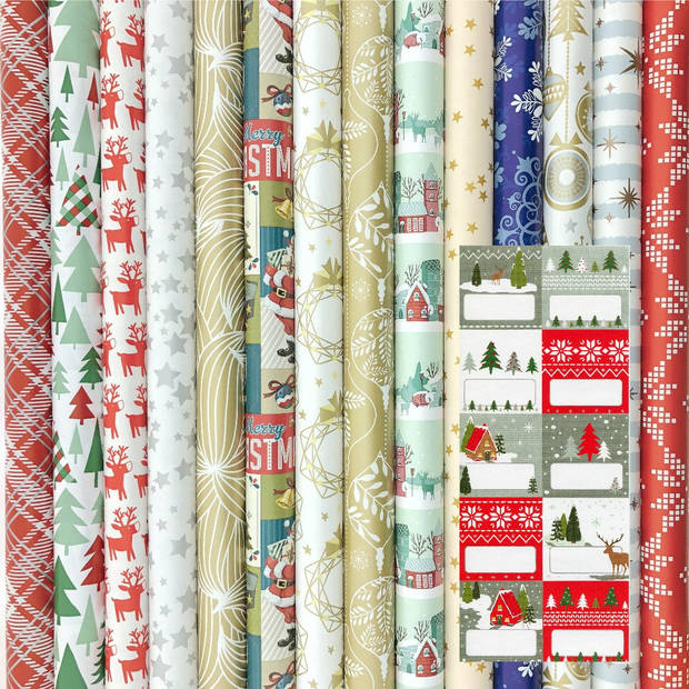 Präsenta cadeaupapier - Kerstpapier inpakpapier voor Kerst - 200 x 70 cm - 7 rollen Inclucief 20 naamlabels