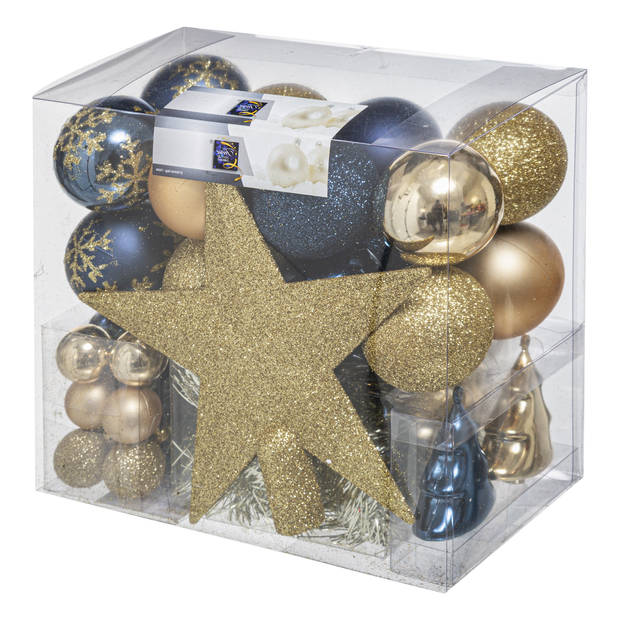 Set van 43x stuks kunststof kerstballen met ster piek champagne/blauw mix - Kerstbal