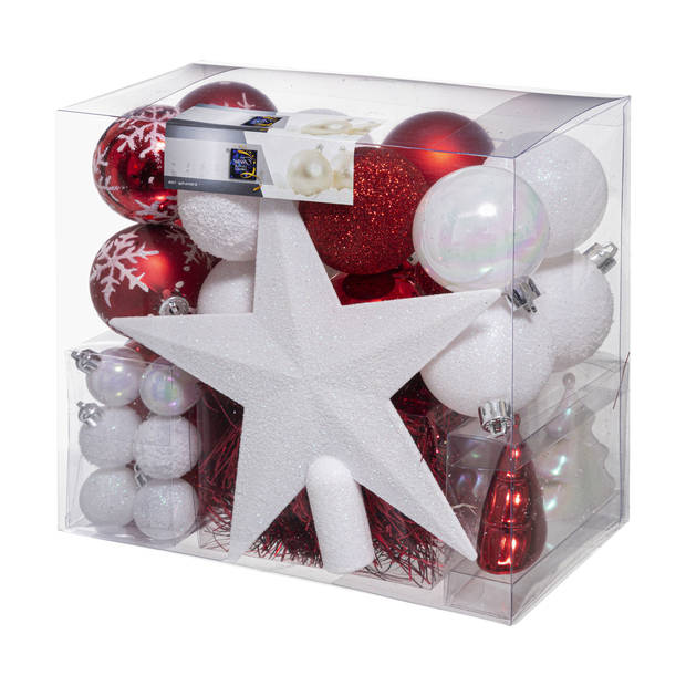 Set van 43x stuks kunststof kerstballen met ster piek rood/wit mix - Kerstbal