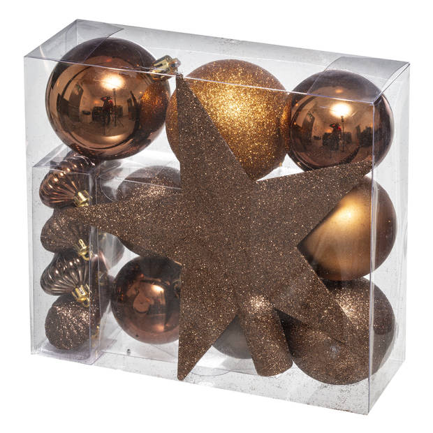 Set van 17x stuks kunststof kerstballen met ster piek kastanje bruin - Kerstbal