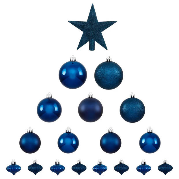 Set van 17x stuks kunststof kerstballen met ster piek donkerblauw - Kerstbal