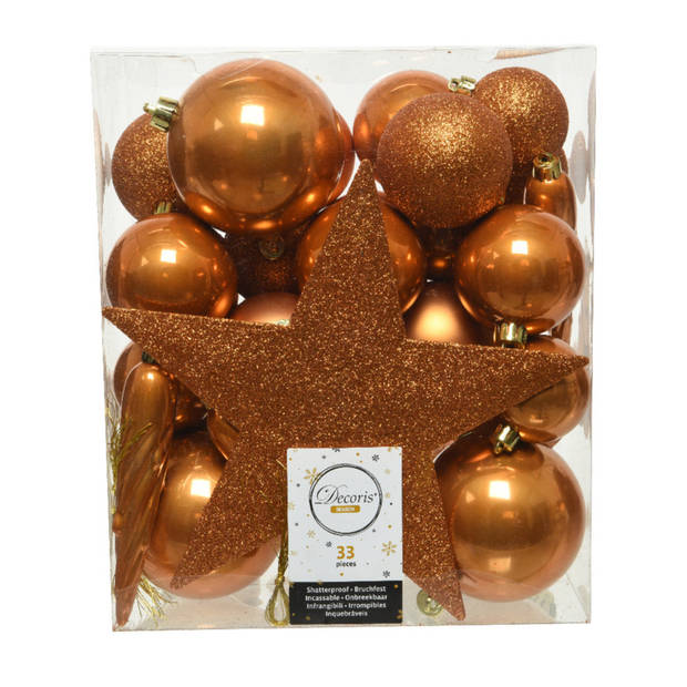 33x stuks kunststof kerstballen 5, 6 en 8 cm cognac bruin inclusief ster piek en kerstbalhaakjes - Kerstbal