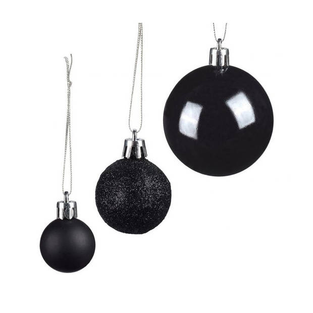 100x Zwarte kunststof kerstballen 3, 4 en 6 cm glitter, mat, glans - Kerstbal