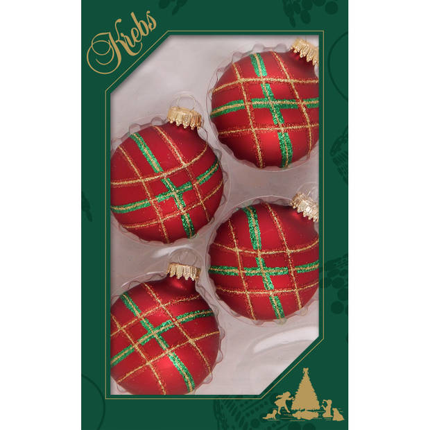 4x stuks luxe glazen kerstballen 7 cm rood velvet met ruit - Kerstbal