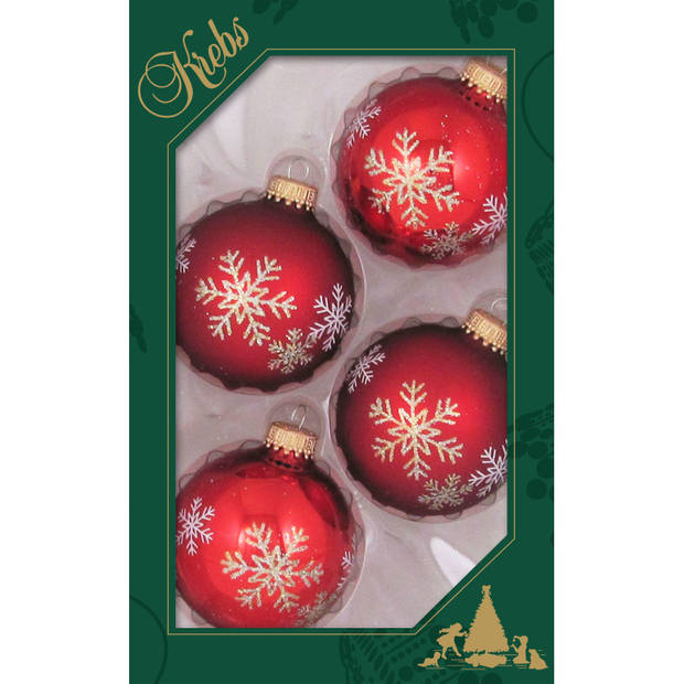 4x stuks luxe glazen kerstballen 7 cm rood met sneeuwvlok - Kerstbal