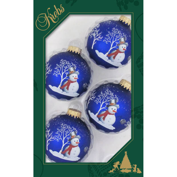 8x stuks luxe glazen kerstballen 7 cm blauw met sneeuwpop - Kerstbal