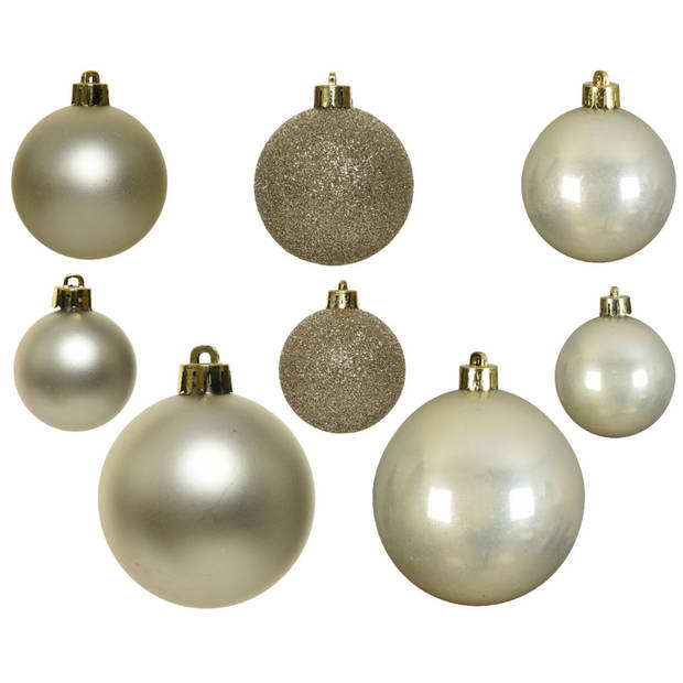 Kerstversiering kerstballen 6-8-10 cm met folieslingers pakket parel/champagne van 28x stuks - Kerstbal