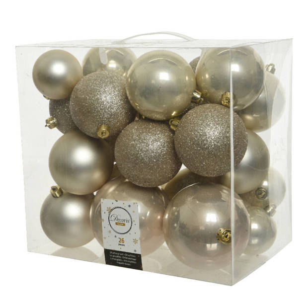 Decoris kerstballen - 26x st - champagne - kunststof - mix 6, 8 en 10 cm - Kerstbal