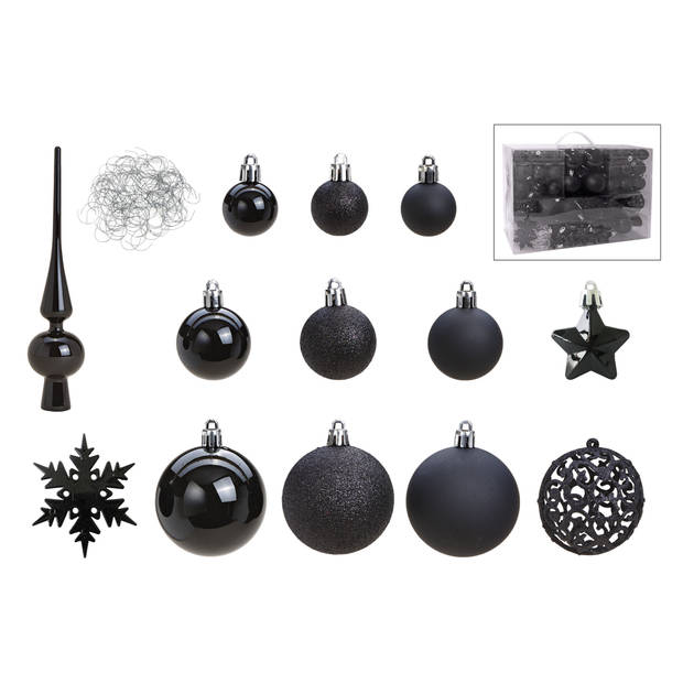 Pakket met 110x stuks kunststof kerstballen/ornamenten met piek zwart - Kerstbal