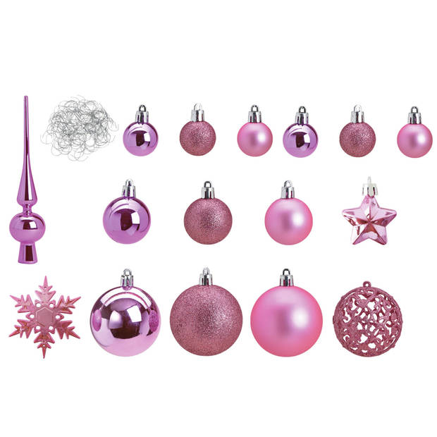 Pakket met 110x stuks kunststof kerstballen/ornamenten met piek roze - Kerstbal