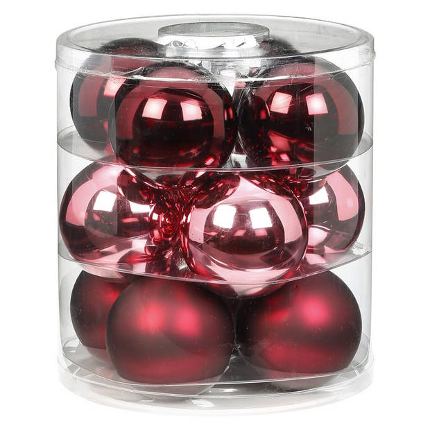 Tube met 24x roze/rode kerstballen van glas 8 cm glans en mat - Kerstbal