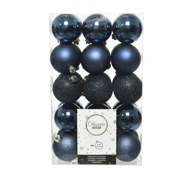 60x stuks kunststof kerstballen donkerblauw (night blue) 6 cm glans/mat/glitter - Kerstbal