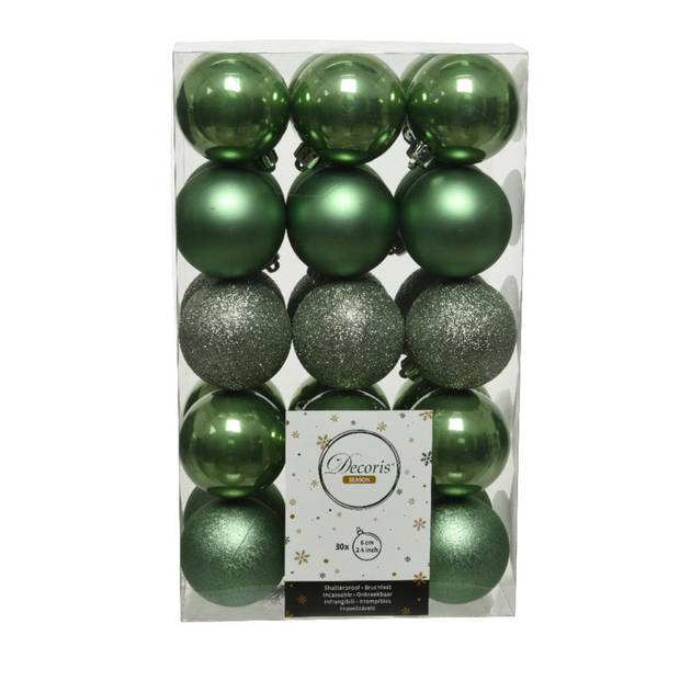 60x stuks kunststof kerstballen salie groen (sage) 6 cm glans/mat/glitter - Kerstbal