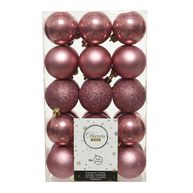 Kerstballen - 30x st - ouderoze - 6 cm - kunststof - velvet - Kerstbal