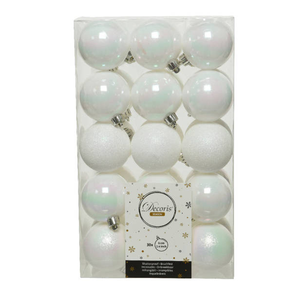 Kerstversiering kunststof kerstballen parelmoer wit 6-8-10 cm pakket van 52x stuks - Kerstbal
