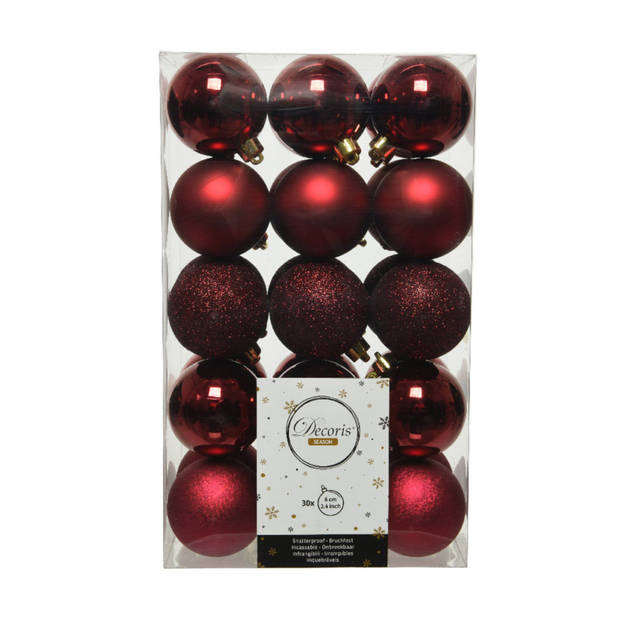 60x stuks kunststof kerstballen donkerrood (oxblood) 6 cm glans/mat/glitter - Kerstbal