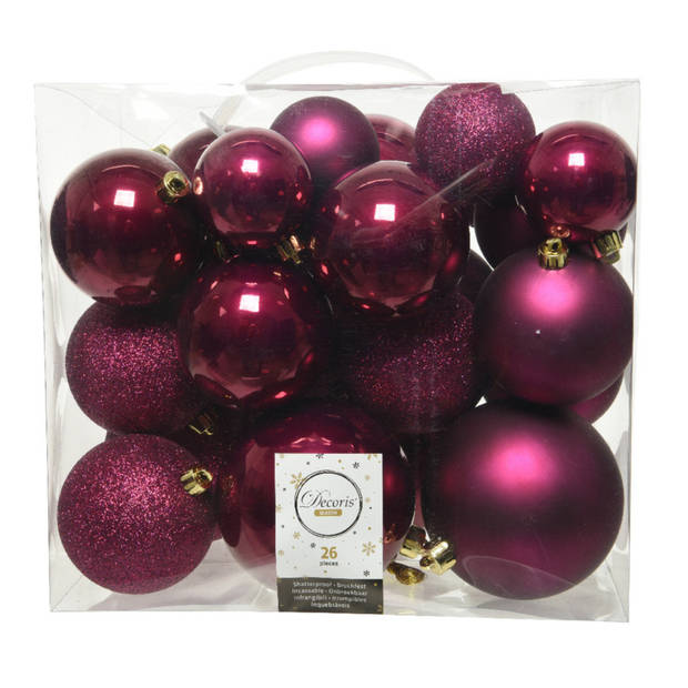 Kerstversiering kunststof kerstballen met piek framboos roze 6-8-10 cm pakket van 27x stuks - Kerstbal