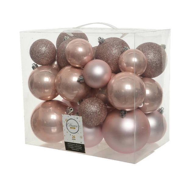 Decoris Kerstballen - 26x st - lichtroze - 6-8-10 cm - kunststof - Kerstbal