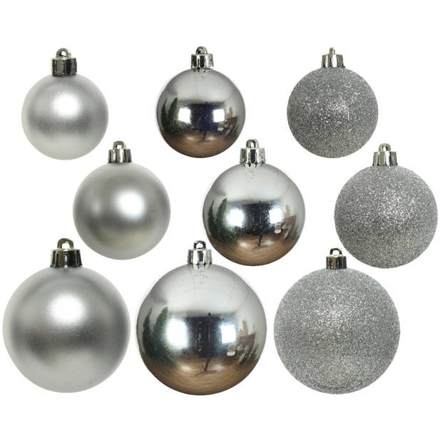 Pakket 32x stuks kunststof kerstballen en sterren ornamenten zilver - Kerstbal