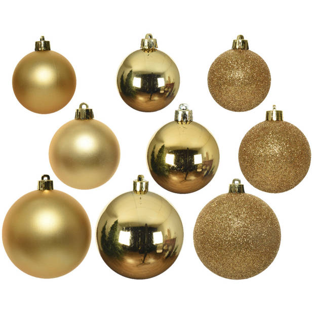 Kerstversiering kunststof kerstballen 6-8-10 cm met golf folieslingers pakket goud van 28x stuks - Kerstbal