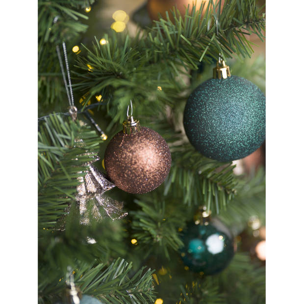 12x stuks kunststof kerstballen mix van donkergroen en koper 8 cm - Kerstbal
