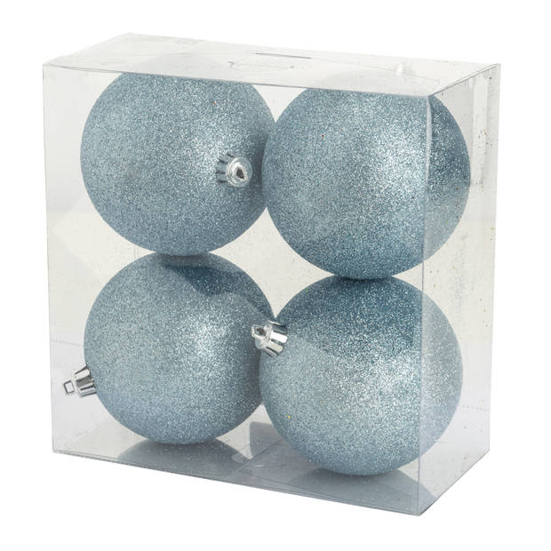 4x stuks kunststof glitter kerstballen ijsblauw 10 cm - Kerstbal