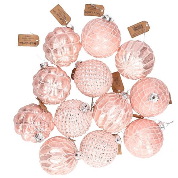 G. Wurm Kerstballen - roze - 12 stuks - glas - luxe - gedecoreerd - Kerstbal