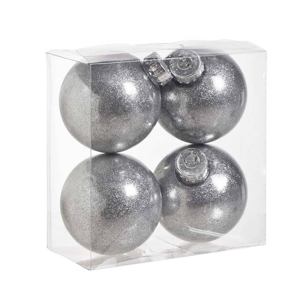 8x stuks kunststof kerstballen met glitter afwerking zilver 8 cm - Kerstbal