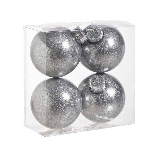 4x stuks kunststof kerstballen met glitter afwerking zilver 8 cm - Kerstbal