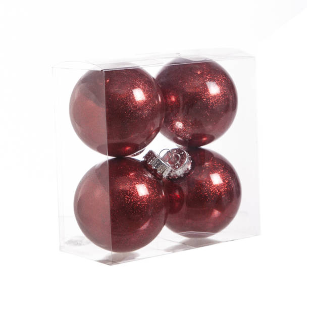 4x stuks kunststof kerstballen met glitter afwerking rood 8 cm - Kerstbal