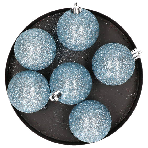 6x stuks kunststof glitter kerstballen ijsblauw 8 cm - Kerstbal