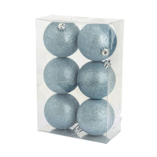 6x stuks kunststof glitter kerstballen ijsblauw 8 cm - Kerstbal