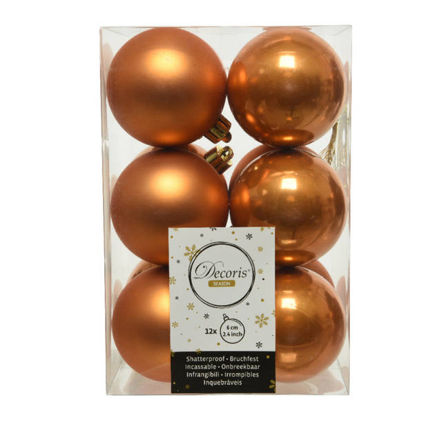 Kerstversiering kunststof kerstballen mix cognac/donkergroen 6-8-10 cm pakket van 44x stuks - Kerstbal