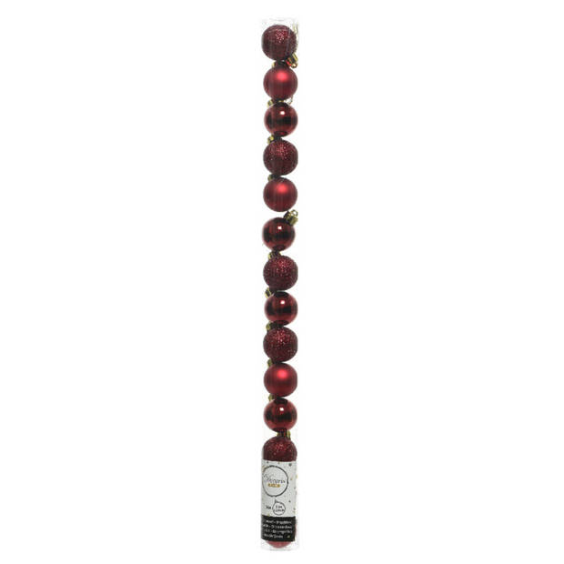 28x stuks kleine kunststof kerstballen bordeaux rood en rood 3 cm - Kerstbal