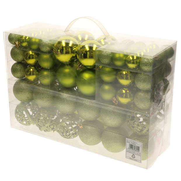 Pakket met 110x stuks kunststof kerstballen/ornamenten met piek lime groen - Kerstbal