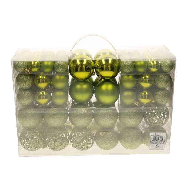 Pakket met 110x stuks kunststof kerstballen/ornamenten met piek lime groen - Kerstbal